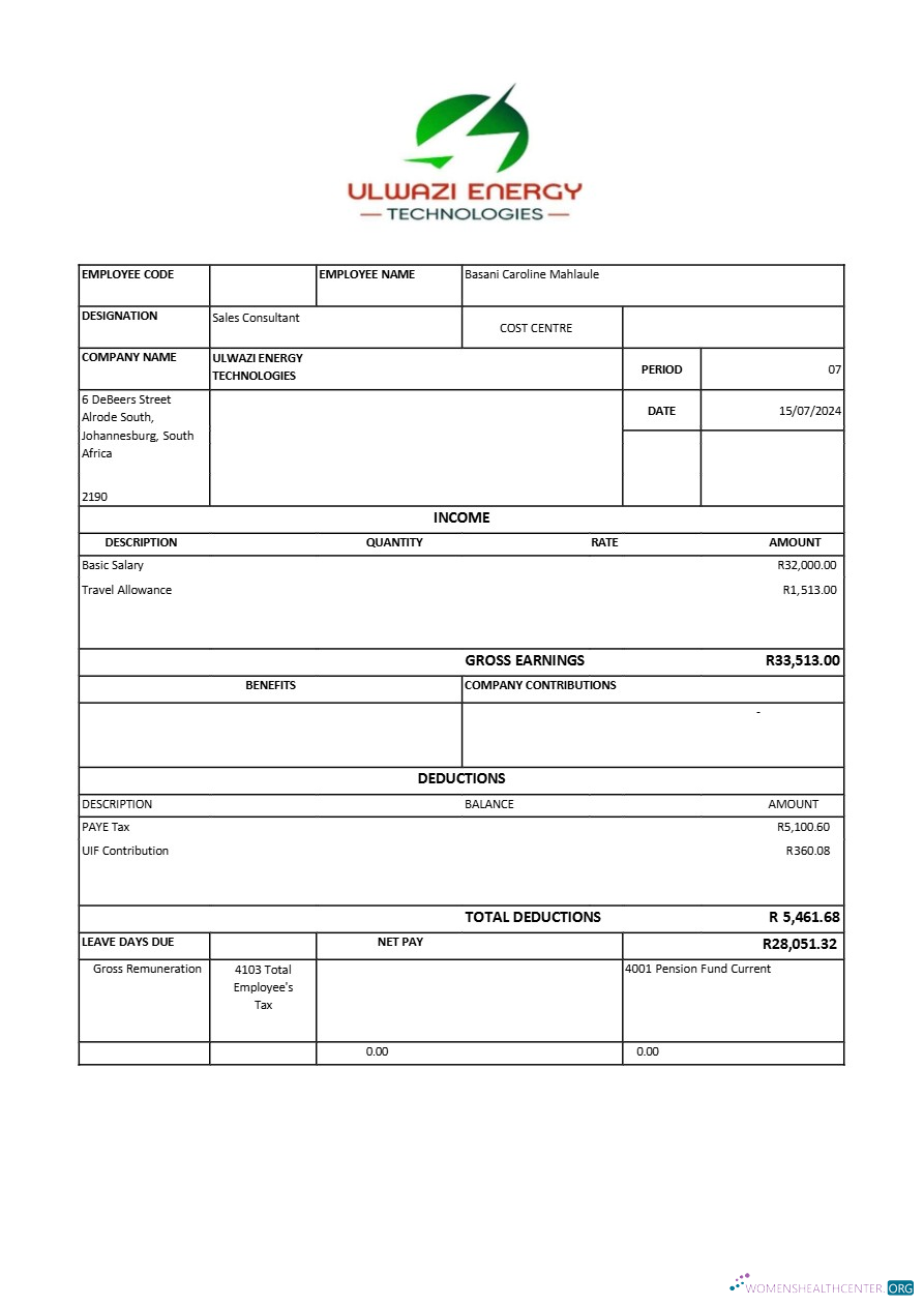 Download Ulwazi Energy Technologies payslip template in Word and PDF formats.pdf, 1 Photoshop template